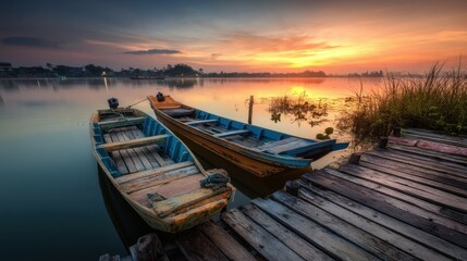Fototapeta premium Colorful Boats Moored on Calm Lake at Sunset with Wooden Dock