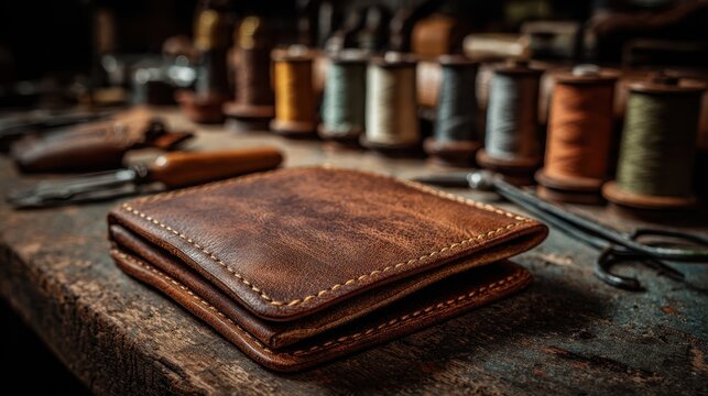 Senior Artisan Handcrafting Leather Wallets in a Workshop during the Daytime