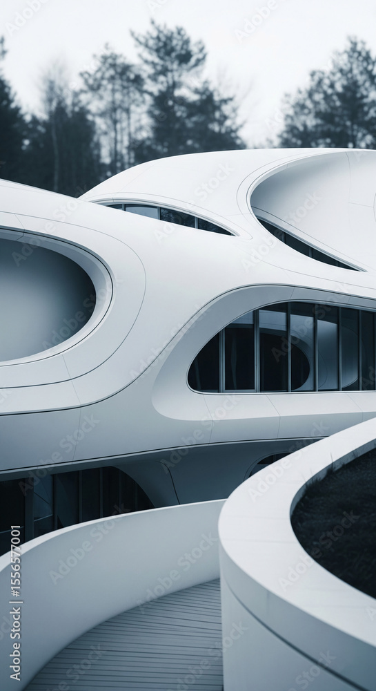 Poster Smooth white building facade with flowing curves and large windows, showcasing modern architecture and design, ideal for architectural or design concepts