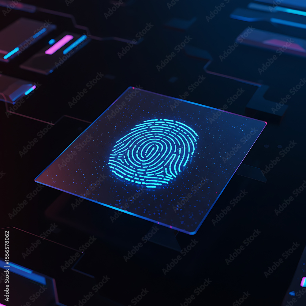 Poster a glowing blue fingerprint on a futuristic scanner, representing biometric security, digital identit