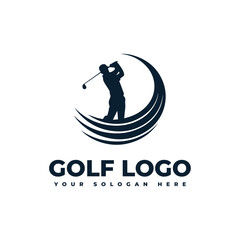 logo for golf with illustration of a golfer hitting a golf ball