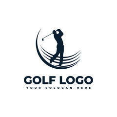 logo for golf with illustration of a golfer hitting a golf ball