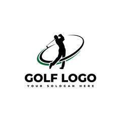 logo for golf with illustration of a golfer hitting a golf ball
