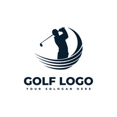 logo for golf with illustration of a golfer hitting a golf ball