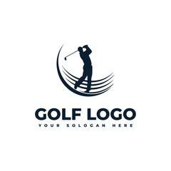 logo for golf with illustration of a golfer hitting a golf ball