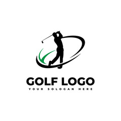 logo for golf with illustration of a golfer hitting a golf ball