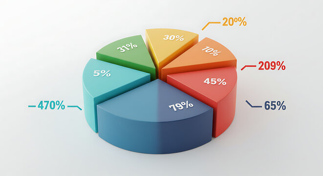 A colorful 3D pie chart showing data segmentation with different percentages. A concept for business reports, statistical analysis, and data visualization.
