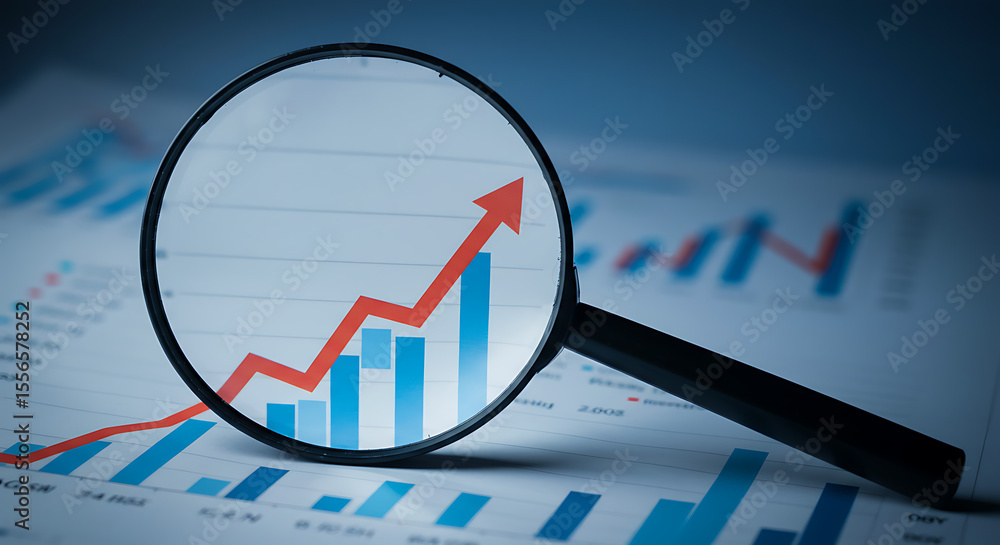 Poster a magnifying glass focuses on a growing bar chart with a rising red arrow. a concept for analyzing p