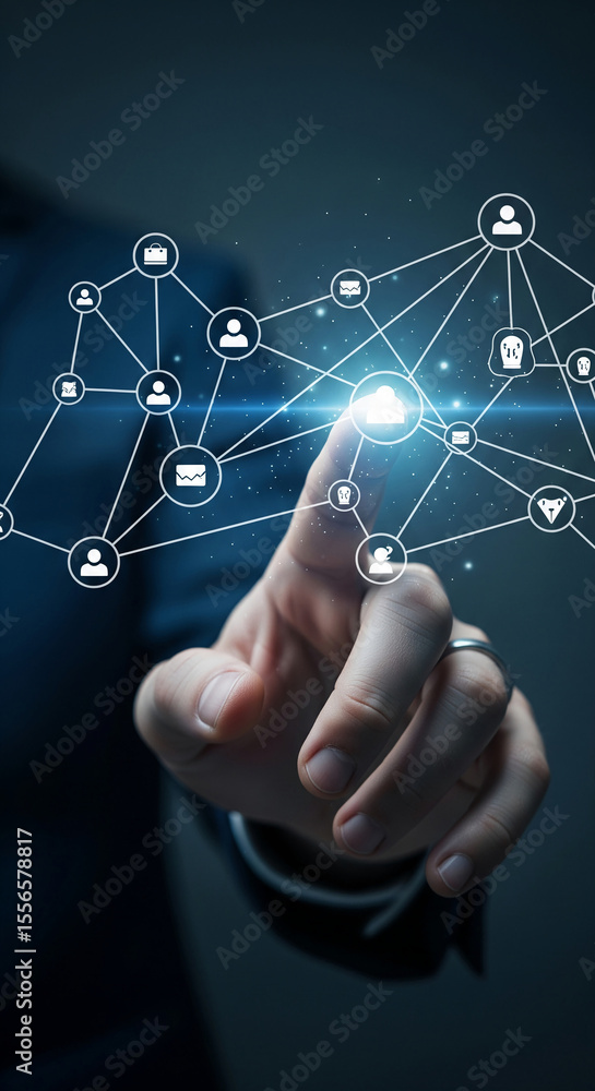 Poster hand interacts with digital network interface, showcasing connections, data exchange, and online int