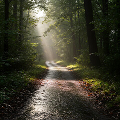 Obraz premium Sunlight streams down onto a wet, winding path in a dark and moody forest. A scene of mystery, hope, and the journey forward after a storm. 