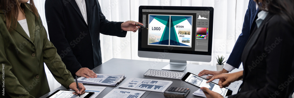Poster graphic designer software for modern design of web page and commercial brisk ads showing on the comp