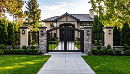 Fototapeta premium Elegant home exterior with manicured landscaping