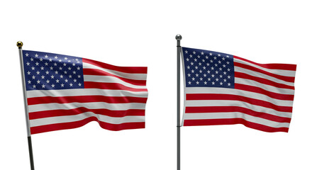 Fototapeta premium Two american flags waving on poles against a black background