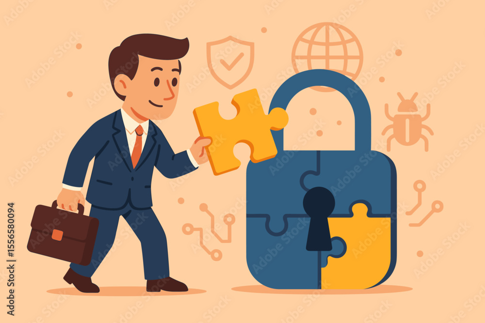 Poster businessman solving a security lock puzzle as a metaphor for cyber data protection. it specialist fi