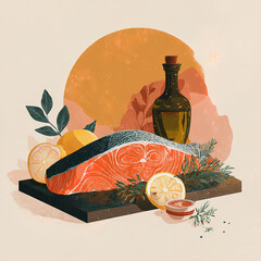 "Gourmet Flat Design Seafood Illustration – Artistic Fish Composition with Citrus, Herbs & Olive Bottles in Modern Botanical Style"

