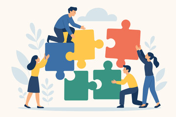 Teamwork business concept metaphor. People connecting colorful puzzle elements together. Collaboration, partnership, and solution strategy. Modern flat vector cartoon illustration.