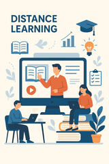Online education and distance learning vector concept. Students using laptop for e-learning courses and business tutorials. Teacher webinar on screen. Homeschooling and exam preparation.