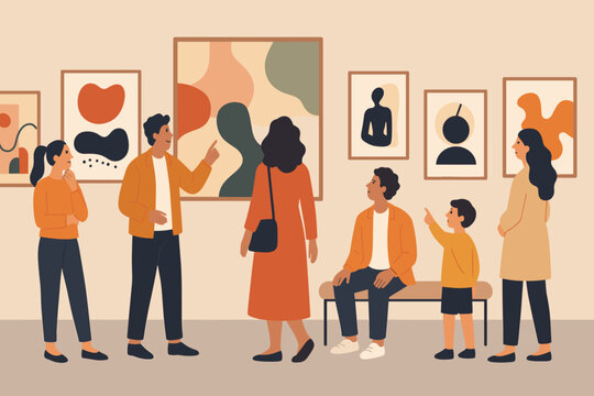 People visit a contemporary art gallery. Group of visitors looking at paintings at a museum exhibition. Family with child enjoying a cultural event. Modern flat vector cartoon illustration.