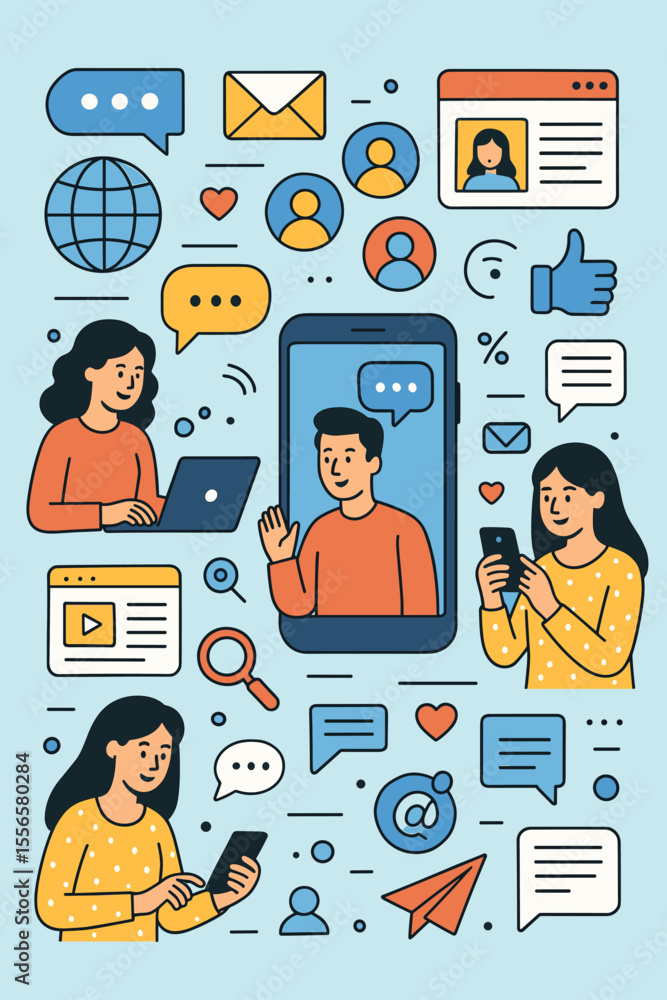 Poster vector concept of online communication and social media. woman using smartphone for video call, chat