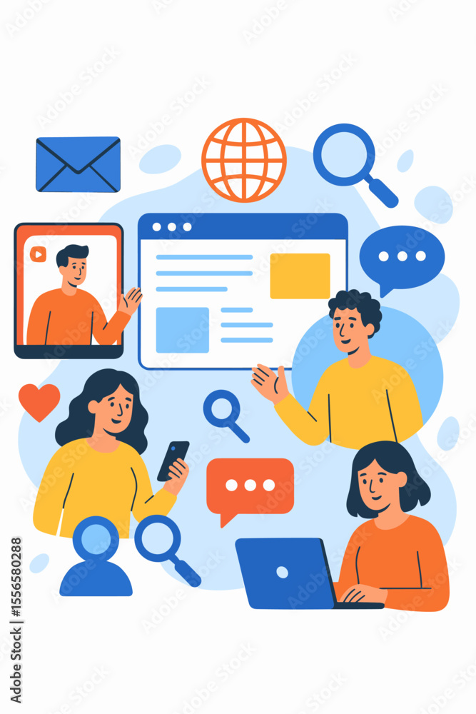 Poster vector illustration of internet communication and social media networking. people using laptop and p