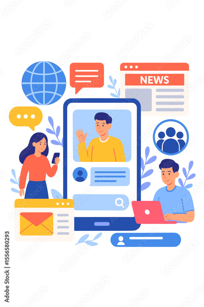 Poster modern flat design vector of internet communication and social media. people using a smartphone for 