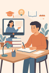 Modern Flat Vector Illustration of Distance Learning, Online Education, Virtual Classroom, Remote Study, E-Learning, Home Schooling, Exam Preparation, Online Courses, Books, Digital Study Desk