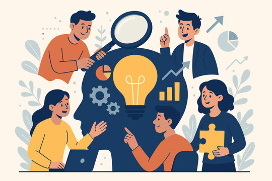 Vector illustration of business teamwork and brainstorming. People engaged in joint search for ideas, strategy and solutions. Abstract human head filled with thought, analytics, and innovation.