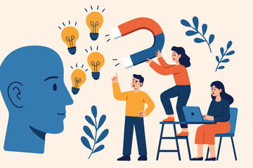 Creative teamwork brainstorming concept. Team attracting ideas with magnet from human head. Innovative collaboration, idea generation, group problem solving, modern flat vector illustration