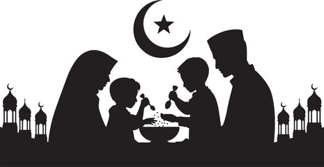 Black Silhouette Muslim Family Preparing Food Crescent Moon Star Mosque Background parents