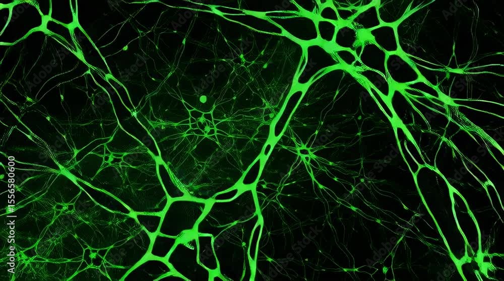 Poster microscopic view of glowing green neural network