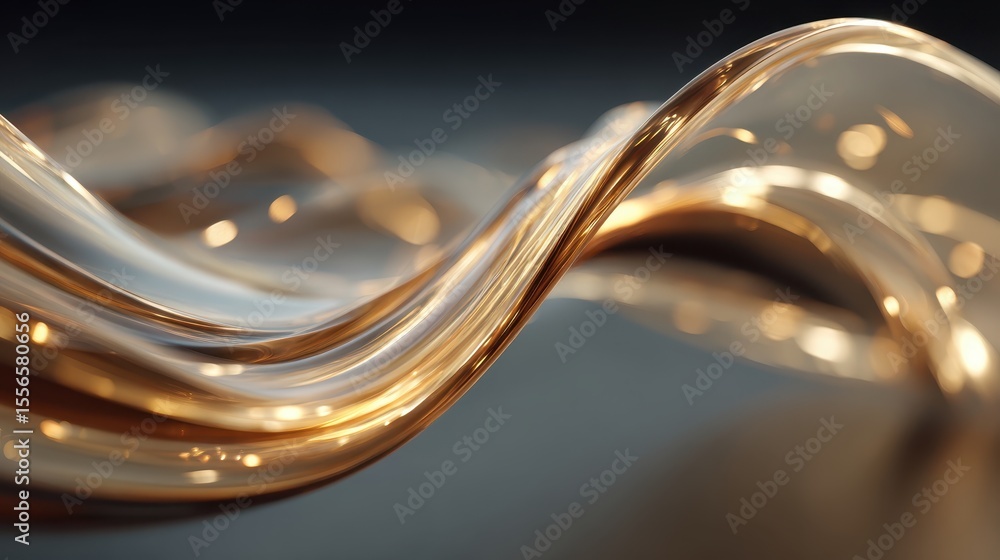 Poster golden fluid abstract wave shimmers with metallic gleam and subtle bokeh effects, highlighting grace