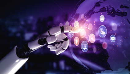 Obraz premium AI assists in organizing and visualizing a digital ecosystem of business icons to represent key services like finance, analytics, and secure cloud platforms in modern industries Vouch