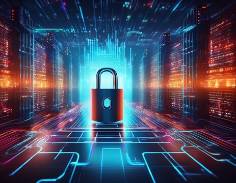 server data protection concept with a futuristic padlock securing servers in a vibrant digital cityscape