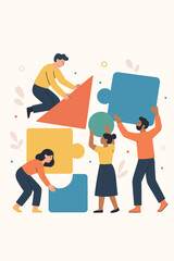 Diverse team collaboration concept. People assembling abstract geometric puzzle pieces. Teamwork, cooperation, partnership, problem solving, creative group project. Modern flat vector illustration