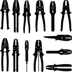 Comprehensive vector illustration showcasing various wire strippers and crimping tools in sleek black silhouettes, essential for electrical work, DIY, and handyman design projects.