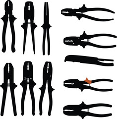 Comprehensive vector illustration showcasing various wire strippers and crimping tools in sleek black silhouettes, essential for electrical work, DIY, and handyman design projects.