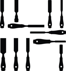 Wood chisel vector silhouettes: essential hand tools for woodworking, carving, and shaping, ideal for carpenters, artisans, and DIY enthusiasts creating detailed and precise projects.