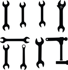 Wrench vector silhouettes: essential hand tools for mechanical, automotive, and industrial tasks, ideal for tightening and loosening bolts and nuts in diverse repair projects.