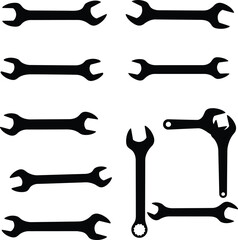 Wrench vector silhouettes: essential hand tools for mechanical, automotive, and industrial tasks, ideal for tightening and loosening bolts and nuts in diverse repair projects.
