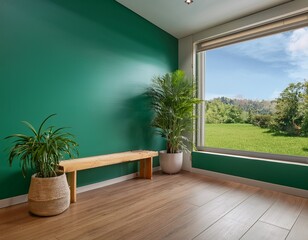 modern minimalist room interior design featuring a vibrant green wall wood flooring and a large window showcasing a scenic outdoor view with a built in wooden bench and potted plant