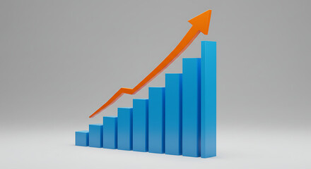 A 3D bar chart with an upward-trending arrow, illustrating business growth, financial success, and positive statistics. Concept for profit and progress.
