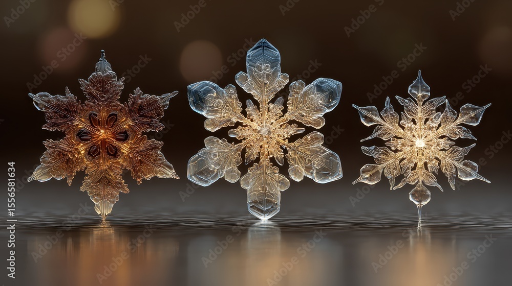 Aufkleber three illuminated snowflakes resting on a reflective surface showing intricate details of their ice 