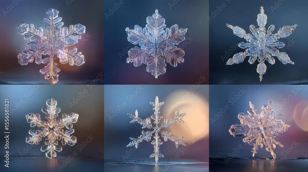 Poster three illuminated snowflakes resting on a reflective surface showing intricate details of their ice 