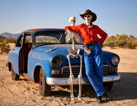 Skeleton couple poses by vintage car