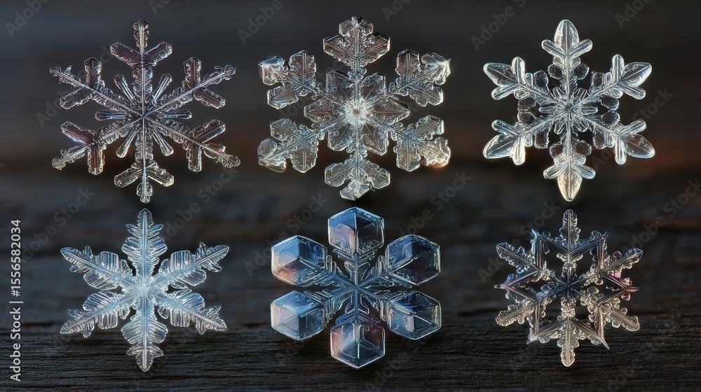 Aufkleber three illuminated snowflakes resting on a reflective surface showing intricate details of their ice 