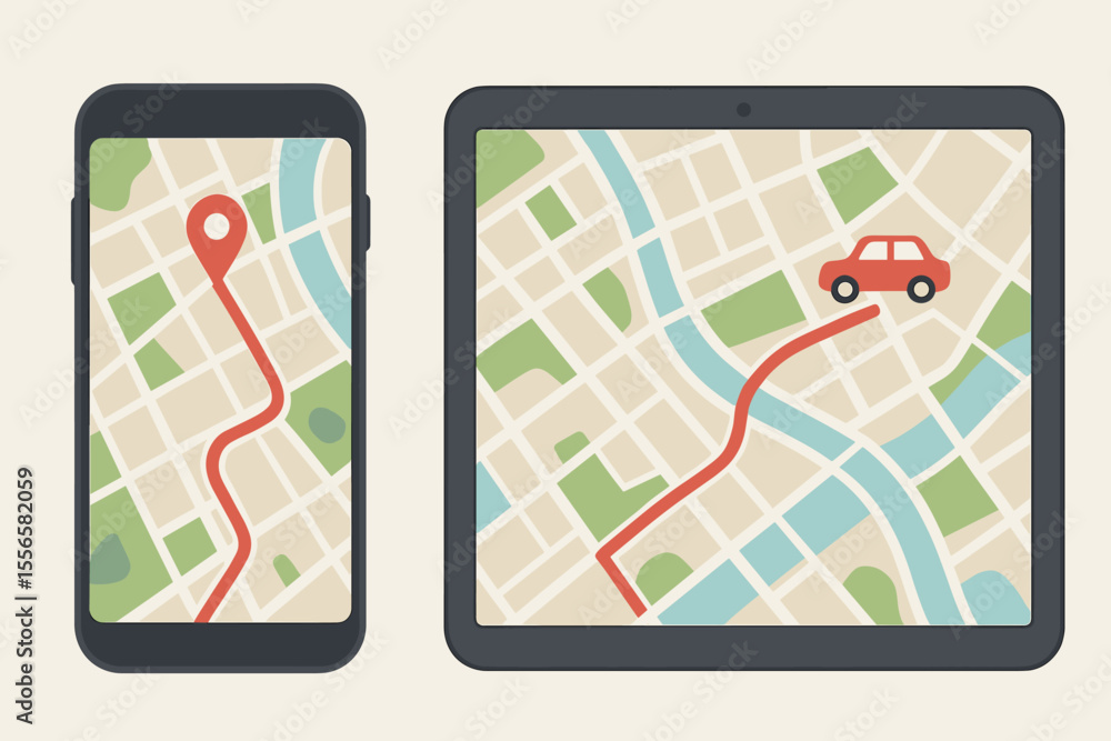 Poster gps navigation on smartphone and tablet. city map with route from location pin to car destination. m