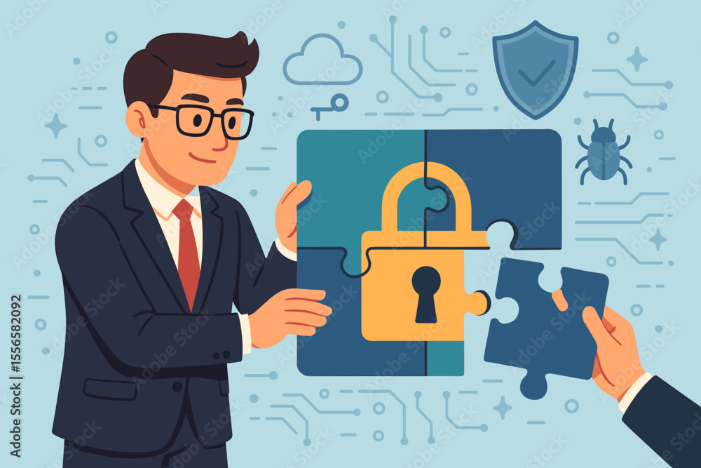 Poster cybersecurity concept with businessmen solving a puzzle. teamwork for data protection and online pri