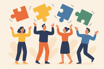 Teamwork and collaboration metaphor. Diverse business people team juggling colorful puzzle pieces. Concept of cooperation, problem solving, partnership, and project management. Flat design.