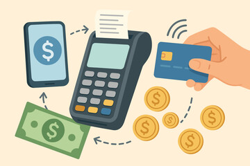 Financial transactions and payment systems concept. Contactless credit card using NFC on POS terminal. Mobile banking, money transfer with smartphone, cash, and coins vector.