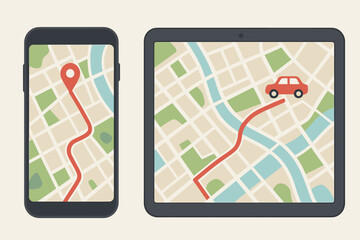 GPS navigation on smartphone and tablet. City map with route from location pin to car destination. Mobile map application for travel, direction, and tracking. Modern flat cartoon vector.